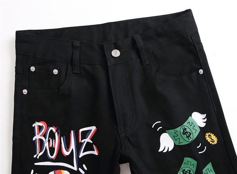 Di modo degli uomini di 3D lettere modello sottile in forma discoteca etero stampato nero jeans Alla Moda colorato disegno pantaloni in denim