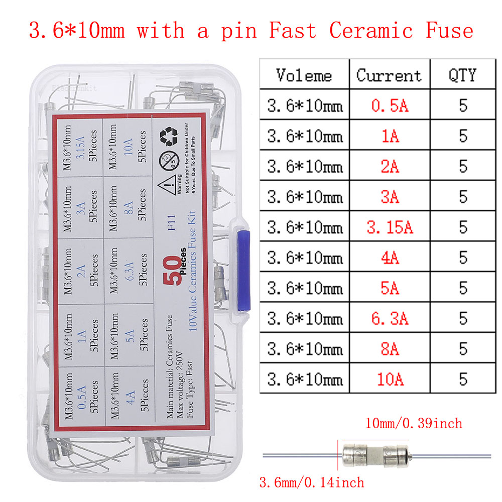 Fusible de vidrio lento y rápido de 12V-250V con kit de mezcla de cables de plomo 0.1A 0.25A 0.5A 1A 2A 2.5A 3A 3.15A 4A 5A 6A 6.3A 8A 10A 15A 16A 20A 30A: Plata