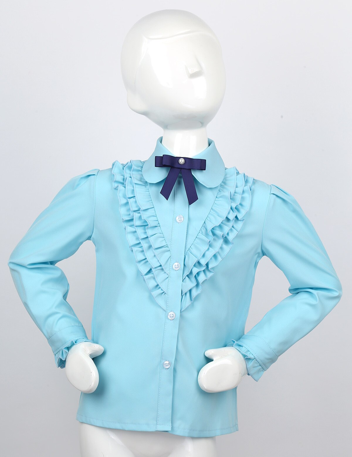 Cute Kids Girls Blouse School Uniform Turn-Down Collar Bowknot Ruffled Front Baby Blouse Long-Sleeved Buttons Closure Shirt Tops