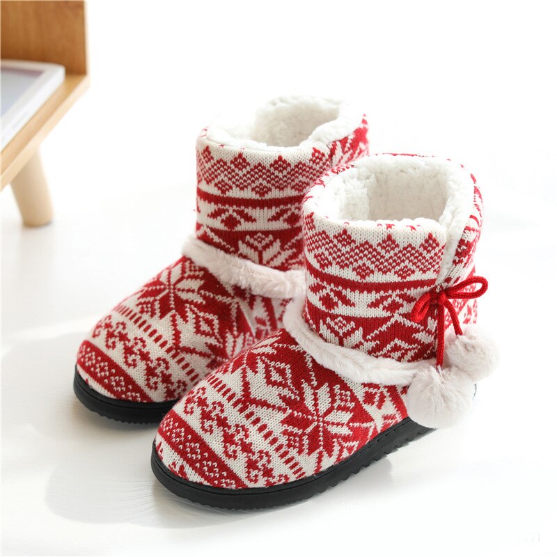 Zapatillas de casa de piel para mujer y niña, zapatos cálidos de algodón con plataforma plana para interiores, zapatillas cómodas de felpa tejidas de invierno: Rojo / 37-38