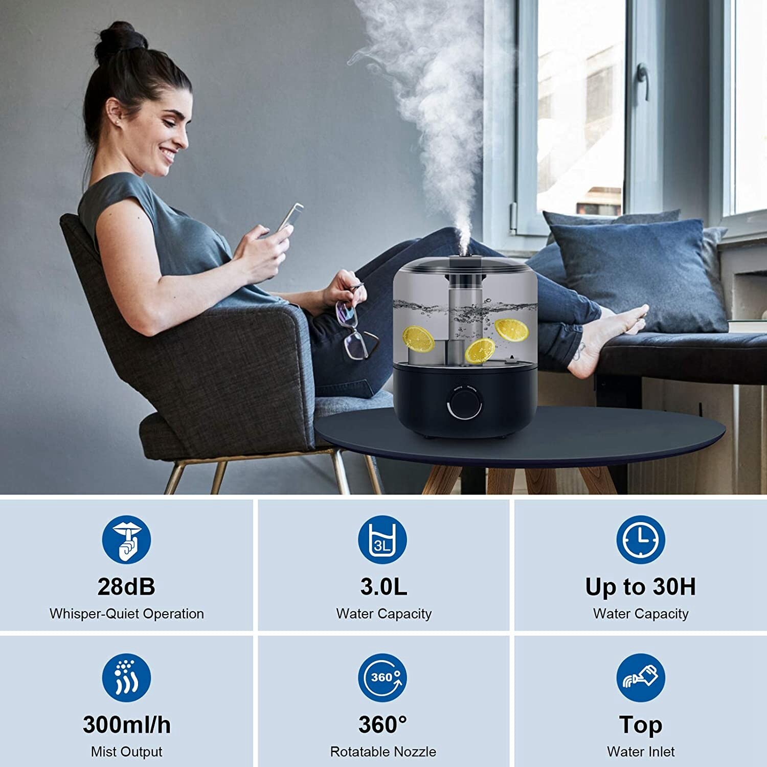 Ultrasonic Cool Mist Humidifiers 3L,USB Portable Quiet Desk Diffuser for Large Bedroom Home Office Room