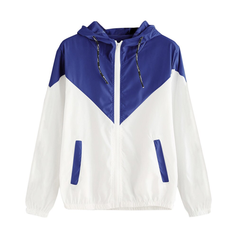 Plus size hættejakke sport-wear kvinder langærmet frakke patchwork tynd skinsuit lynlås lomme sport frakke kvindelig fritidsjakke: Blå / L