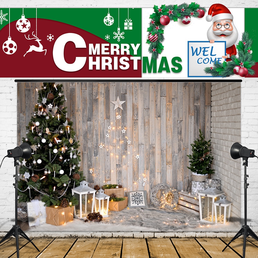 7x5ft Photography Backdrop Christmas tree stars lights wood board Background Vinly Cloth Wall Decor Baby Birthday Party