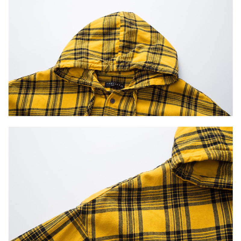 TONLION, camisa amarilla a cuadros para hombre, camisa para hombre con capucha, a la de manga larga Camisa con capucha, Tops sueltos casuales, camisa amarilla para hombre, Primavera