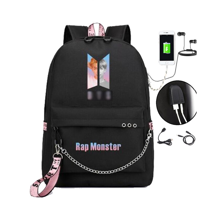 Sac à dos coréen sacs d'école pour filles garçons adolescent Cool personnalité Fans orchestre sac à dos pour adolescent filles USB Charge: RAP MONSTER