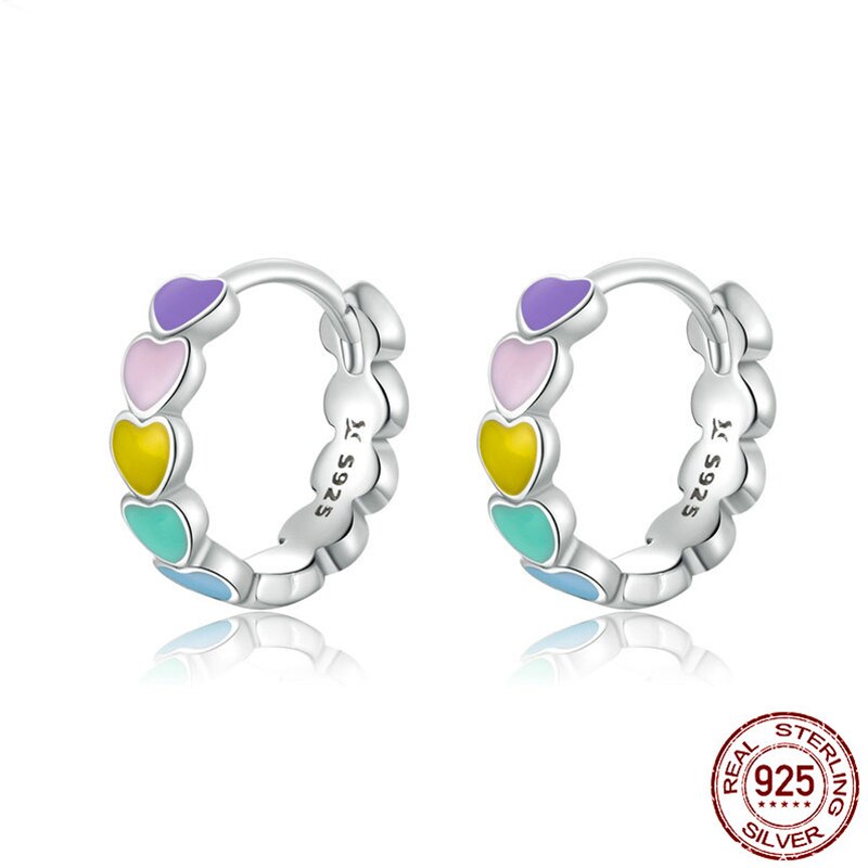 925 plata esterlina Arco Iris Farbe esmalte pendientes con argolla de corazón para las mujeres nuevo aros para los oídos