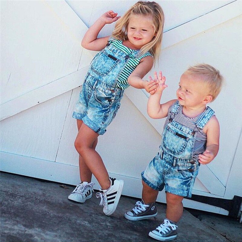 Kids Baby Boys Girls Denim Bib Pants Overalls Jean Sleeveless Back Cross Denim Shorts Jumpsuit Outfits Summer Clothes