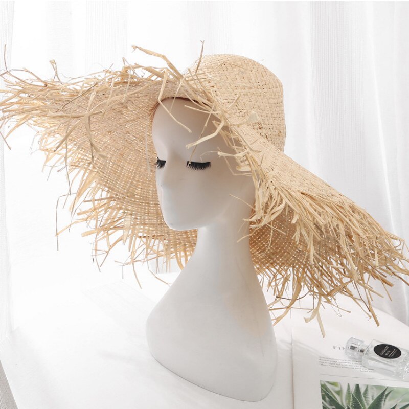 Zomer Natuurlijke Grote Brede Rand Zonnehoed Voor Vrouwen Raffia Jazz Floppy Hoed Strooien Hoeden Cirkel Fringe Hollow Out Beach panama Hoed
