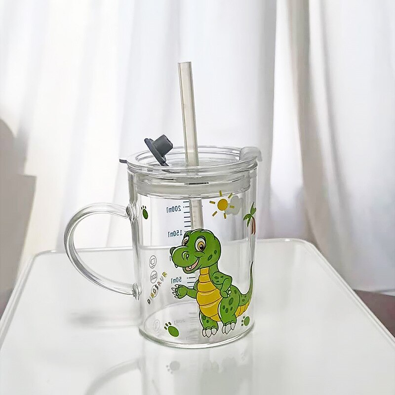 250ML Children Cartoon Cute Animal Pattern Glass Learn To Drink Cup with Straw Lid Milk Drink Mug Heat Resistant Safety Coffee: Dinosaur Set