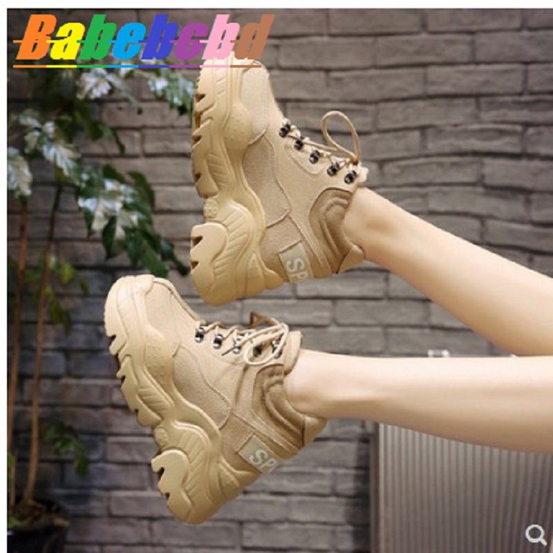 Vår och höst damskor stil fula skor allt-i-ett höga sneakers wedges platåskor 12cm: Kaki / 4.5