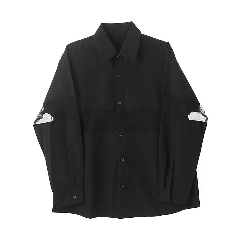 Camisa de manga larga informal con empalme de malla transparente para hombre y mujer, ropa de calle de Japón, camisa de negra y blanca para parejas, ropa para escenario