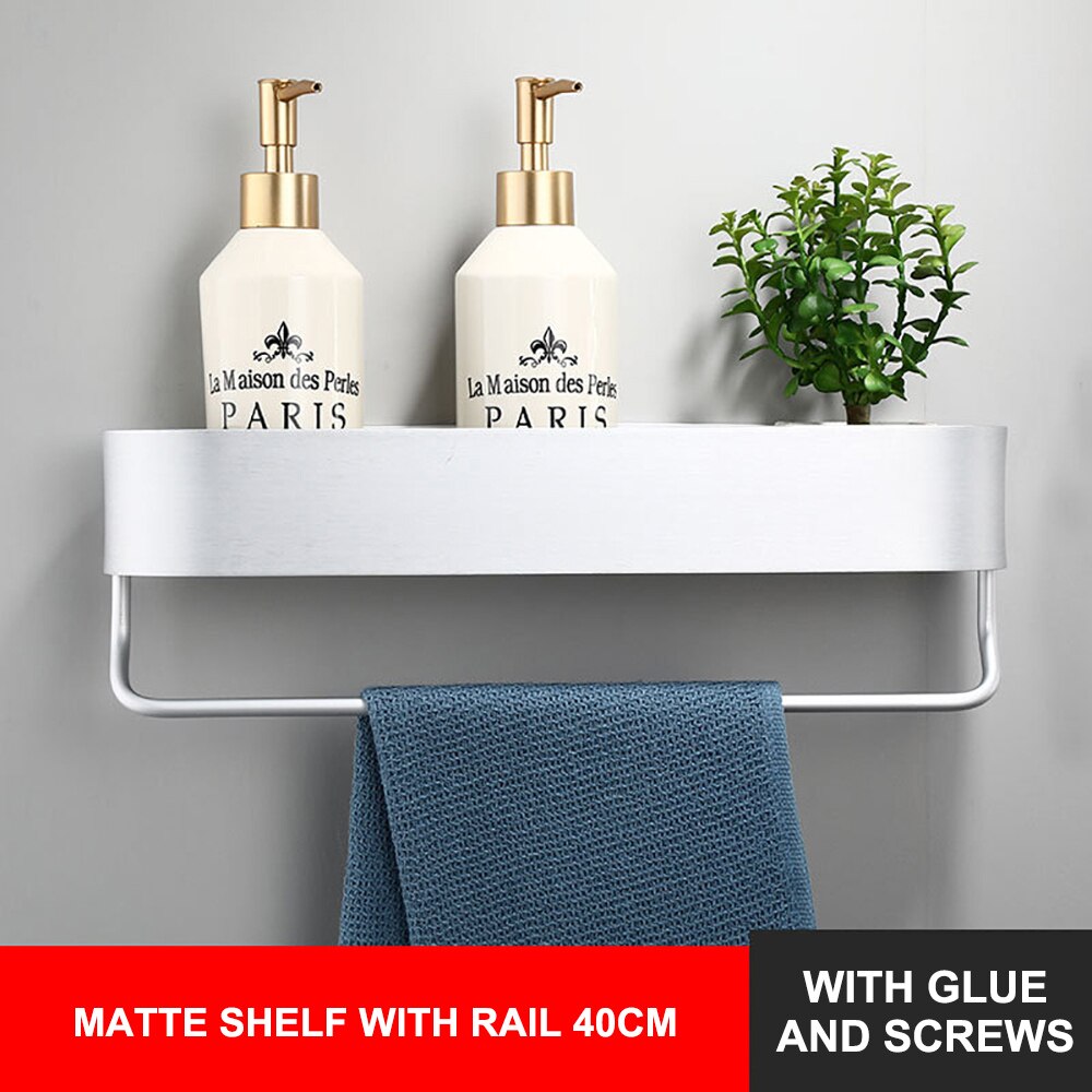 Wall Mount Bathroom Shelf Rack Bath Shower Storage Organizer Shower Caddy Holder Kitchen Shelf Organizer Bathroom Accessories: 40cm Silver With bar