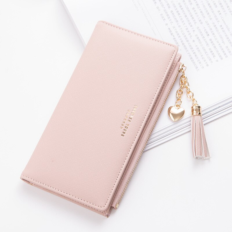 Couro longo carteira feminina marca de luxo famosa grande mulheres carteiras bolsas femininas longo moeda zíper bolsa titular do cartão crédito: Pink