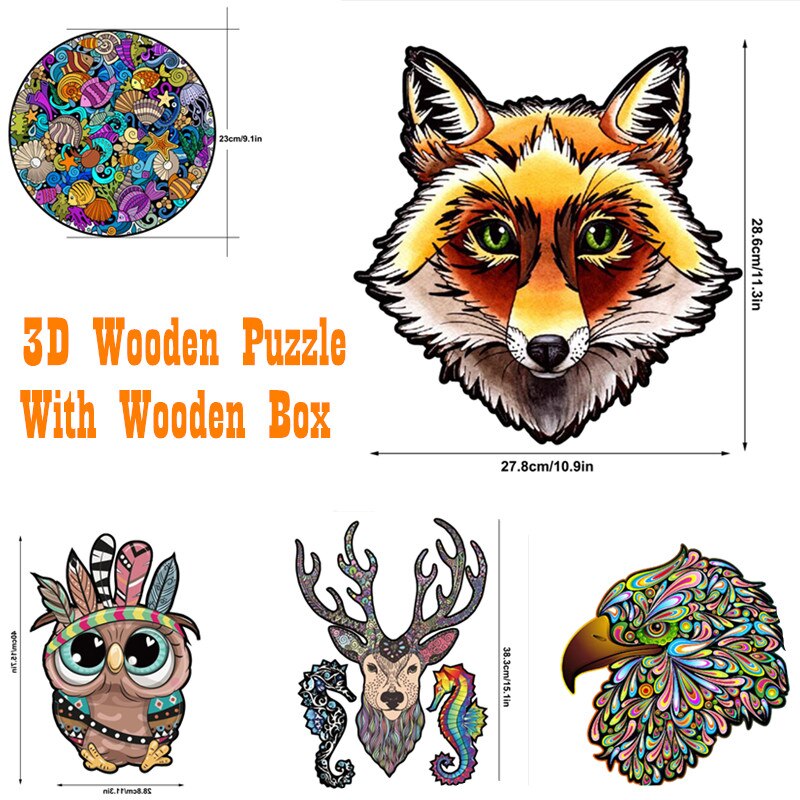 Animal Jigsaw 3D Wooden Puzzle For Adults And Kids Toys Unique Shaped Pieces Puzzle Crafts Decor With Wooden Box