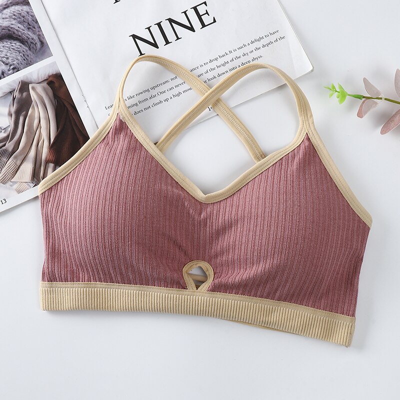 Threaded Beauty Back Tube Tops Sling Wrapped Bra For Women With Pad Sports Bras Comfortable Cotton Sexy Hollow Top Underwear: Pink