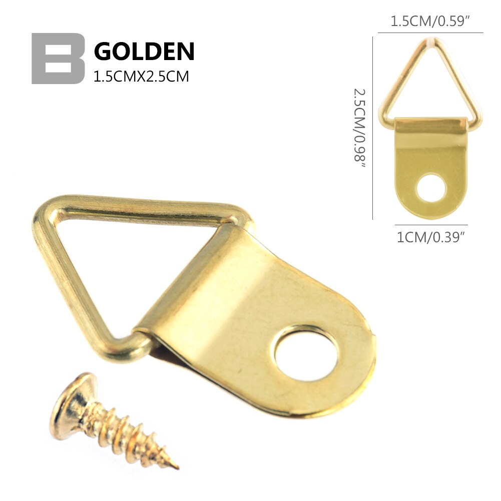 50pcs Golden Triangle D-Ring Hanging Picture oil Painting Mirror Artwork Frame Hooks Hangers With 50 Screws 3 Sizes: M 25x15mm