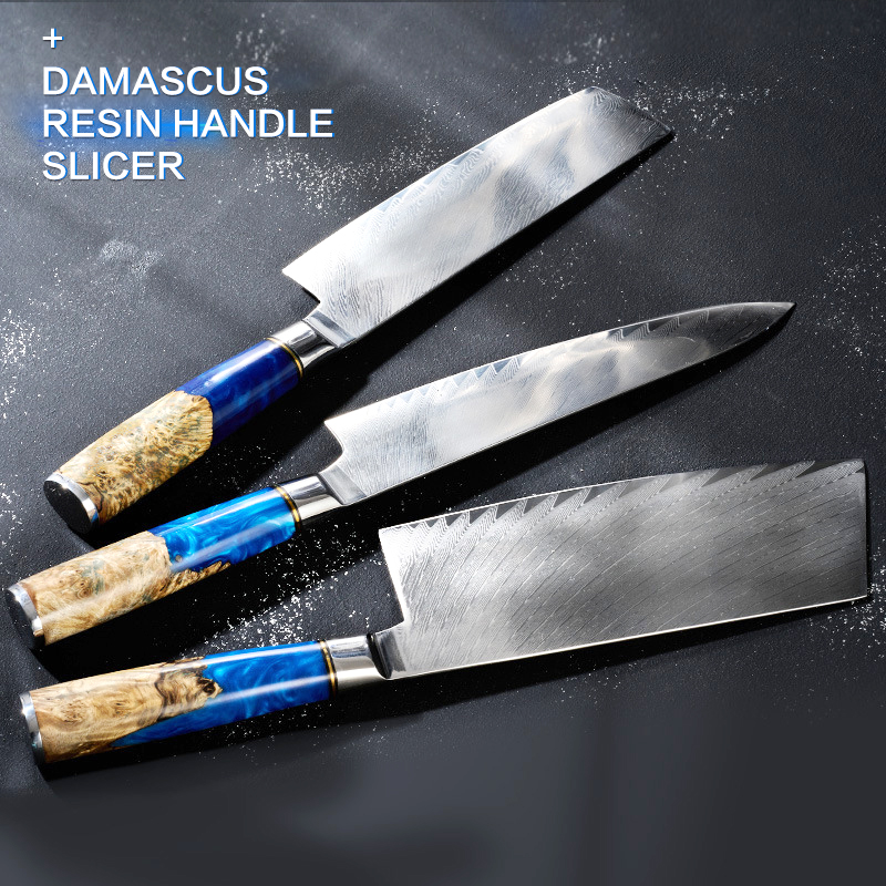 Kitchen Knives-Set Damascus Steel Chef Knife Cleaver Paring Slicing Knife Santoku Knife Blue Resin and Color Wood Handle 1-4set