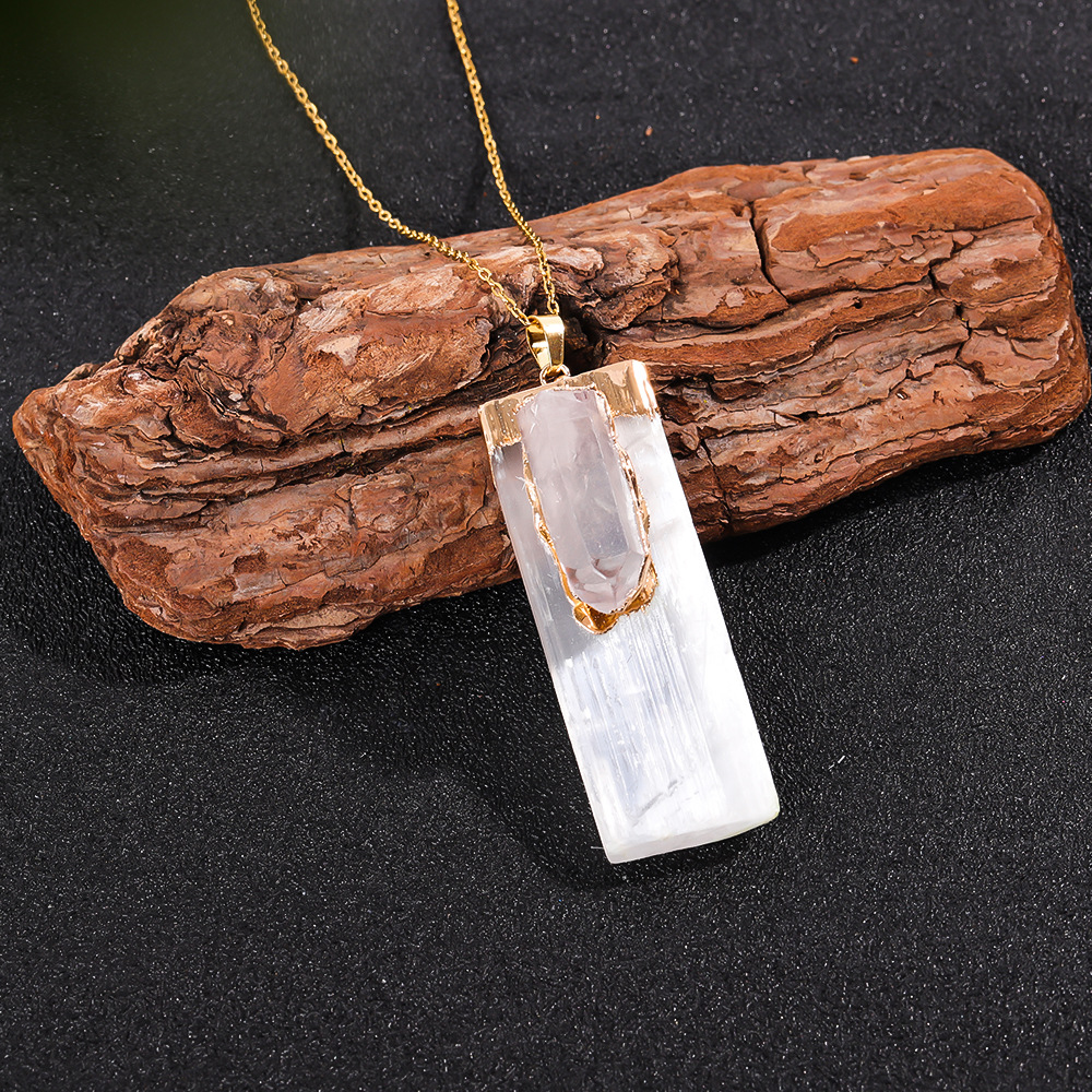 Amuleto de cristales curativos de Reiki con colgante rectangular plano de citrino amatista con incrustaciones de selenita cruda Natural con tapa chapada en oro: Verde militar