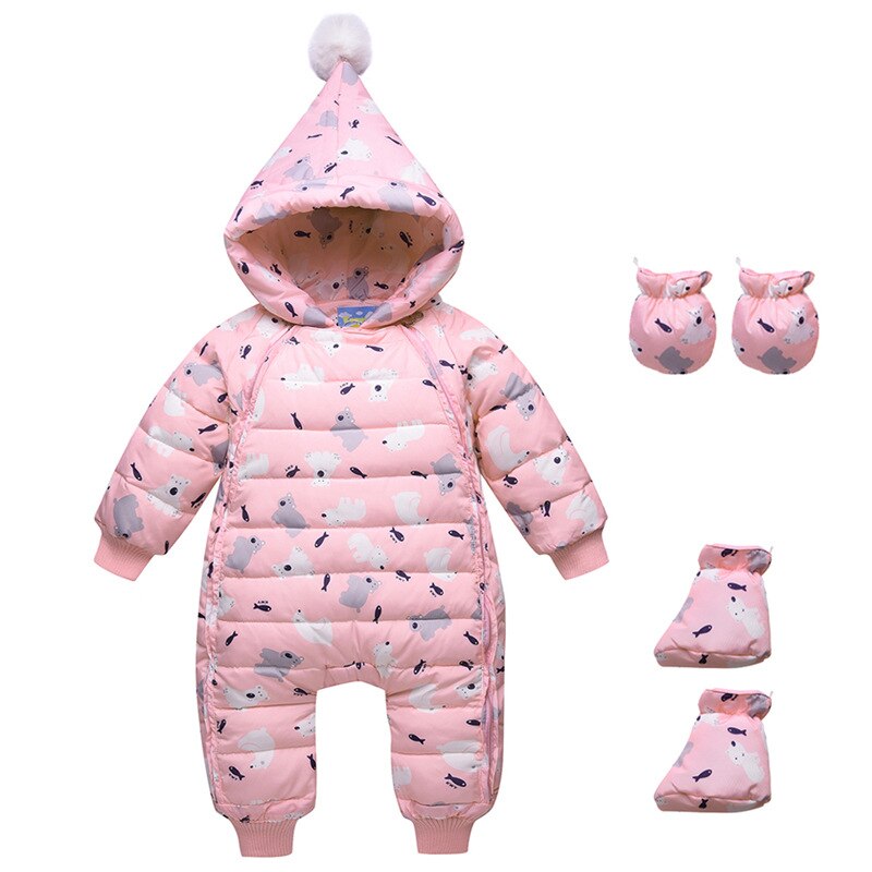 Baby Winter Clothes Girl Boys Romper Warm Snow Wear Infant Baby Overalls Long Sleeve Hooded Outerwear White Duck Down Snowsuit: Pink / 6M