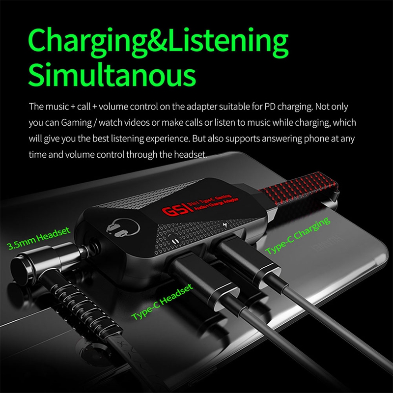 3 -in- 1 high-resolution mobile gaming sound card with type-c connector and charger adapter for samsung and huawei