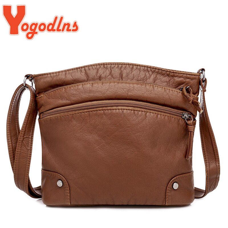 Yogodlns Zachte Pu Lederen Schoudertas Vrouwen Retro Messenger Bag Dubbele Rits Vrouwelijke Crossbody Tas Grote Capaciteit Dagelijks Handtas