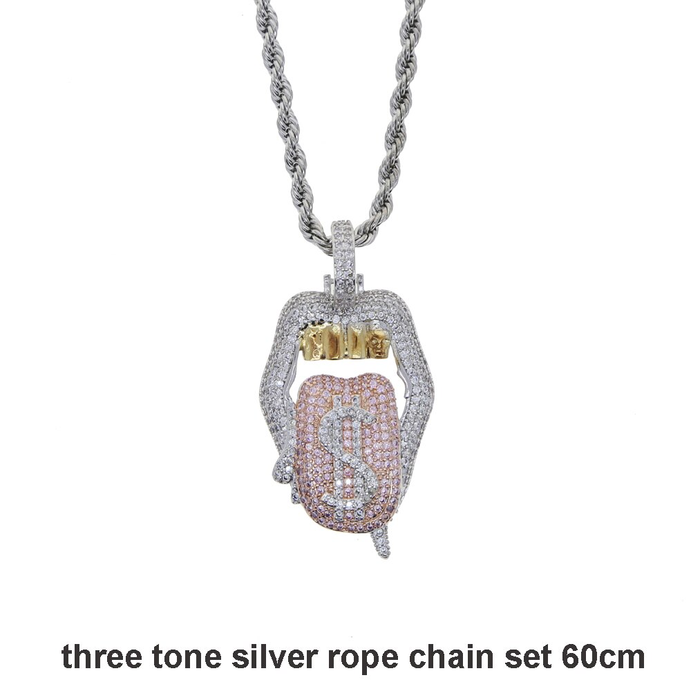 Iced out white pink mouth pendant Dollar symbol engraved hiphop bling cz pave tennis chain dripping Lip men boy necklace jewelry: three tone rope chai