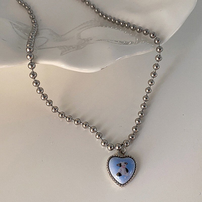 Grün Zebra Streifen Glas Herz Anhänger Titan Stahl Kette Halsketten für Frauen Schlüsselbein Halskette Kristall Emaille Liebe Schmuck: B-Kühe