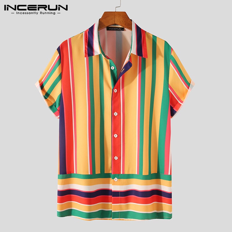 INCERUN Summer Men Striped Shirt Lapel Button Streetwear Vacation Hawaiian Shirts Short Sleeve Breathable Casual Camisa 5XL