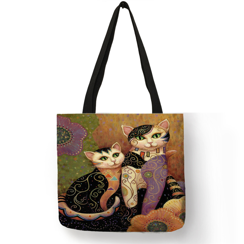 B13070 Abstract Religie Kat Print Casual Tote Cartoon Afdrukken Vrouwen Handtas Herbruikbare Shopper Tassen: 005