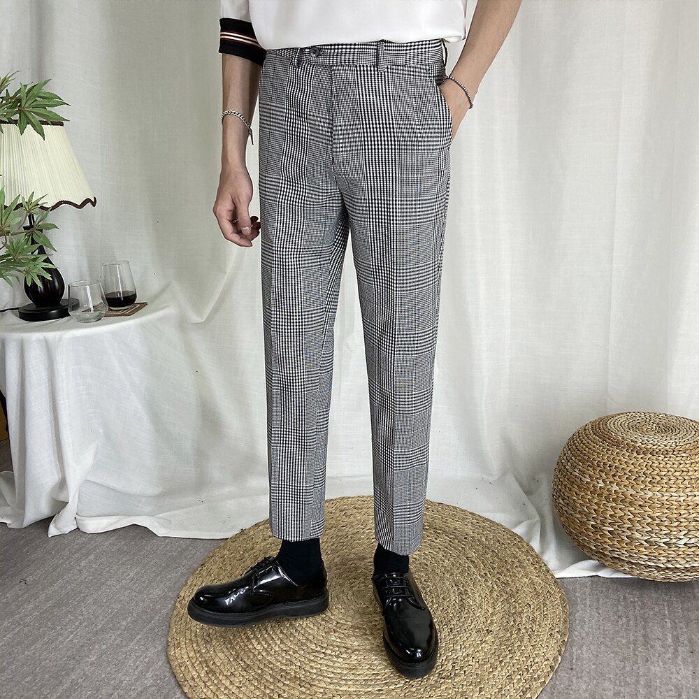 Koreanske menn rutete dressbukser formell forretningskjolebukser uformelle slanke bryllupsbukser kontor sosial streetwear klær
