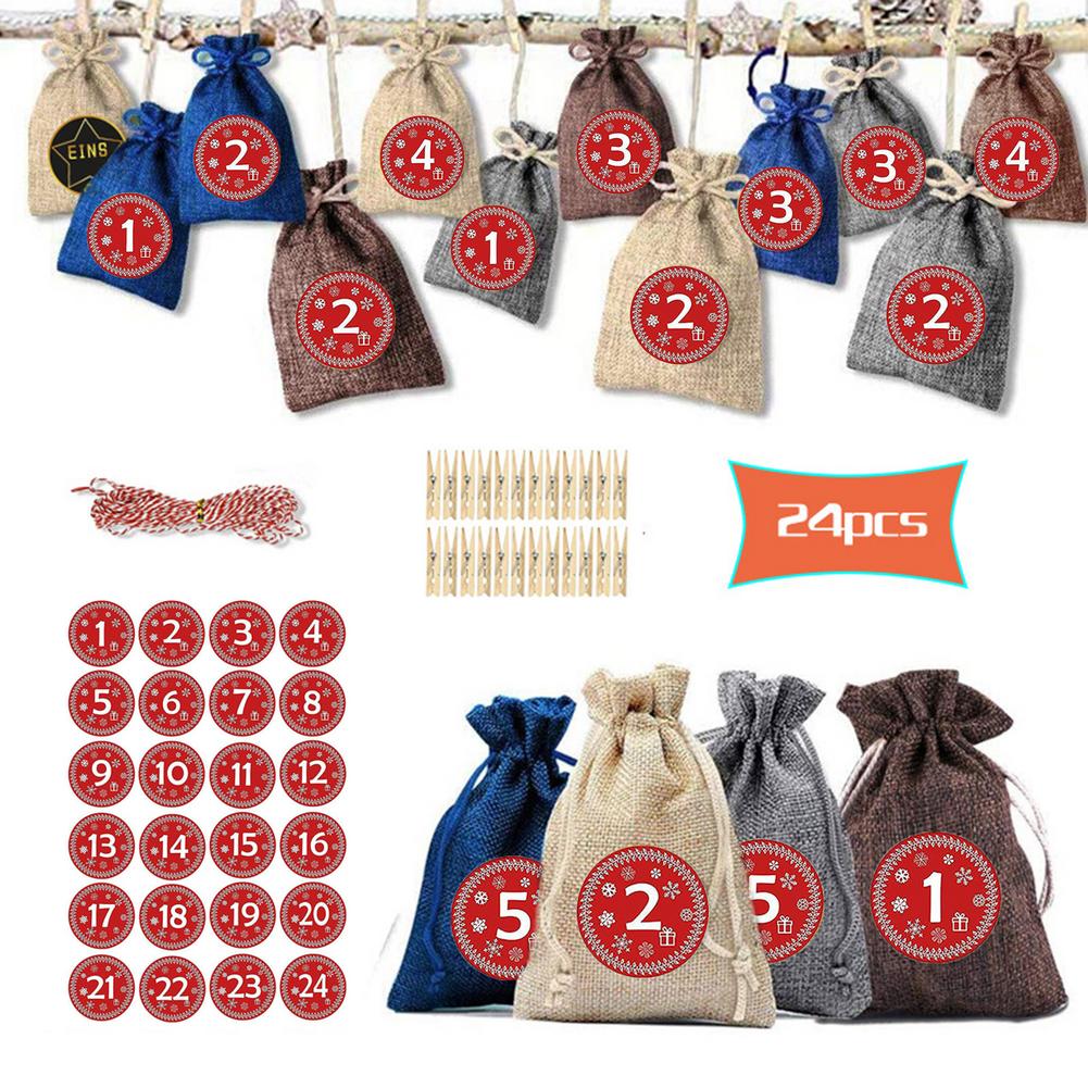 24 Days Christmas Advent Calendar Bags Candy Sacks DIY Set: White