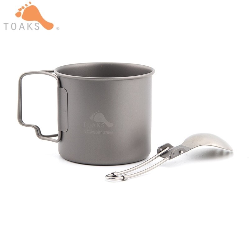 TOAKS Pure Titanium Cup Ultralight Outdoor Mug without Lid and Foldable Handle Camping Tableware Folding Spoon 375ml 450ml