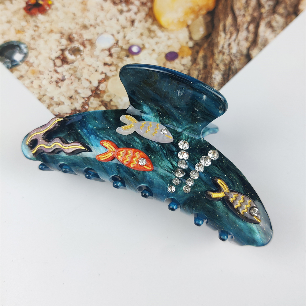 Pinzas para el cabello grandes de la serie Sea, pinzas para el cabello con concha de estrella de mar de diamante, accesorios para el cabello de acetato hechos a mano: Verde claro