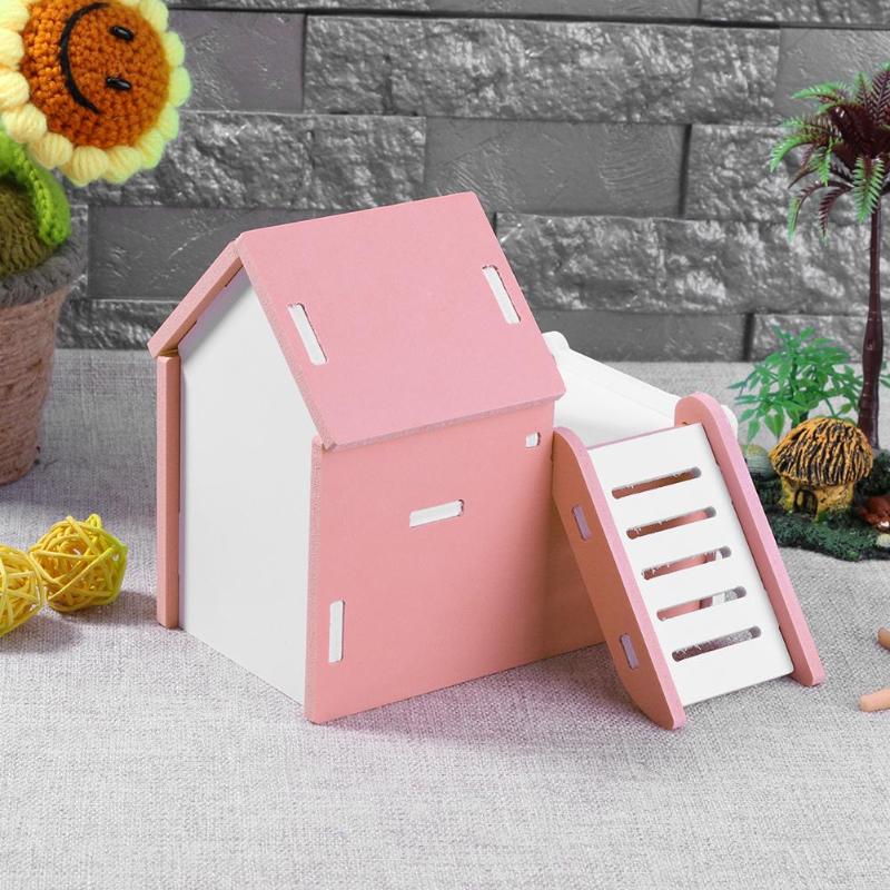 Miljövänligt trä söt hamsterhus visning däck stege små husdjur råtta mus koja bon små djur burar