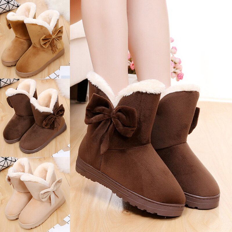 1 Pair Women Snow Boots Warm Shoes Bowknot Plush Anti-slip for Winter Outdoor ALS88
