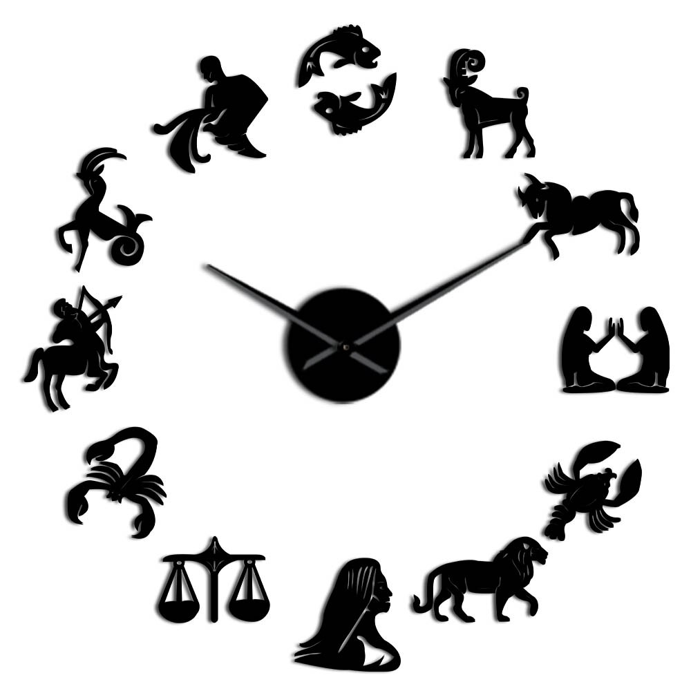 Zodiac Signs Wall Art Stickers Giant DIY Frameless Wall Clock Constellation Astrology Hanging Clock Watch Home Decor Fans: Black / 37 Inch