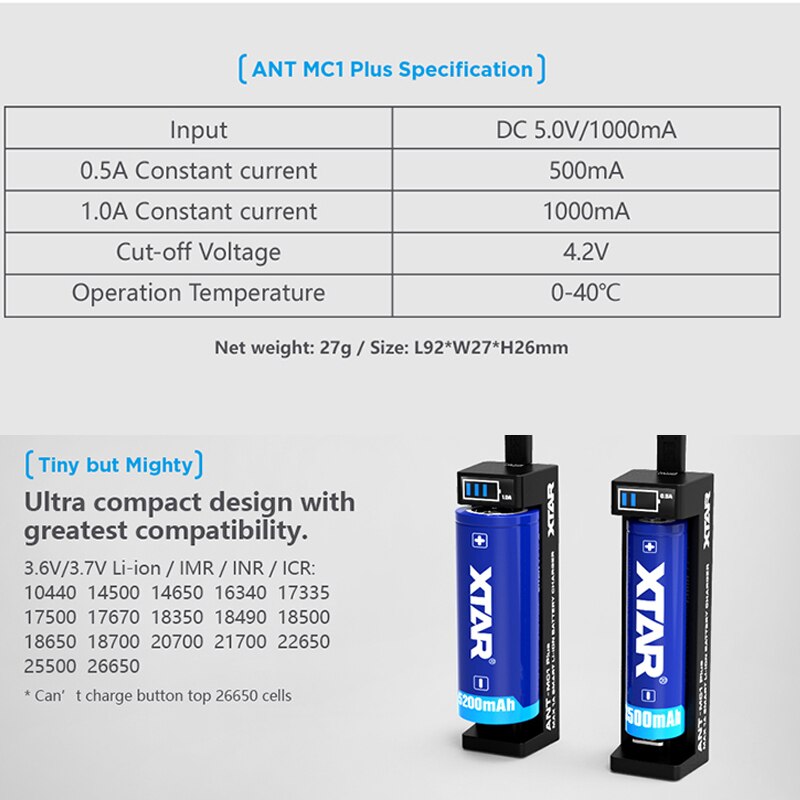 Xtar akkulaturi 1 paikka li-ion usb-laturi  mc1 mc1 plus  sc1 kpl  to 22650 26650 18700 18650 20700 21700 akkulaturi