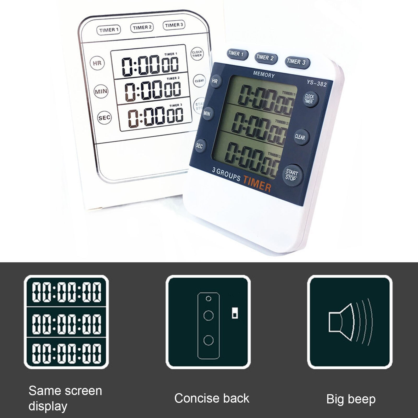 Cooking Timer Three-channel Timer Digital Alarm Clock Count Up And Down Large Screen Clear Display LCD Display Digital Timer