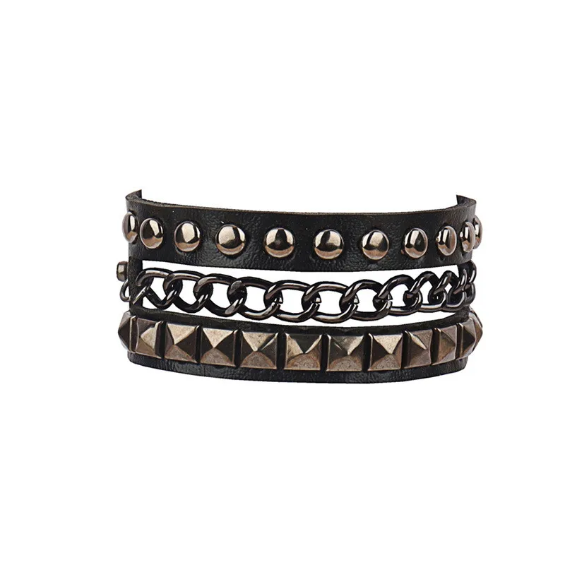 cuadrado redondo de cuero PU gótico esqueleto cráneo Punk remache estrella pulsera cadenas Retro brazalete pulsera joyería de navidad: Oro oscuro