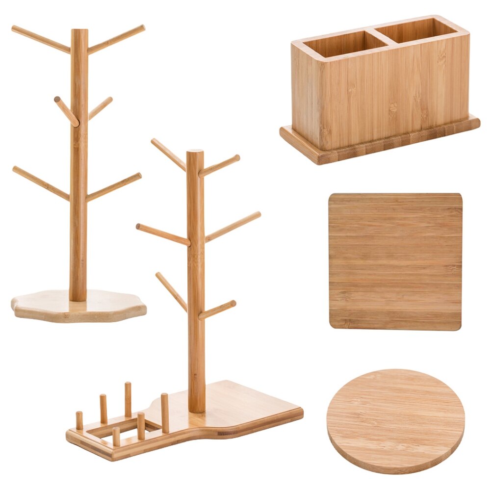 Support de tasse à café en bambou, support de tasse en bois d&#39;arbre, support de tasse à café, support de séchage avec 6 crochets, support de dessous de verre