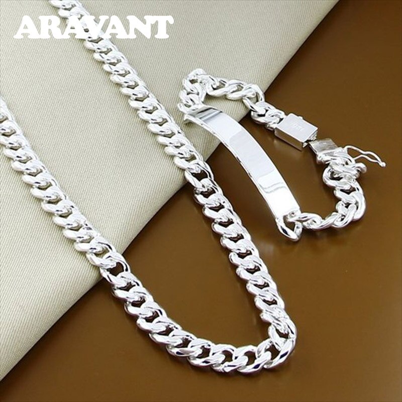 925 Zilveren Sieraden Sets Flat Link Chain Kettingen Armband Voor Mannen Vrouwen Bruiloft Sieraden Set