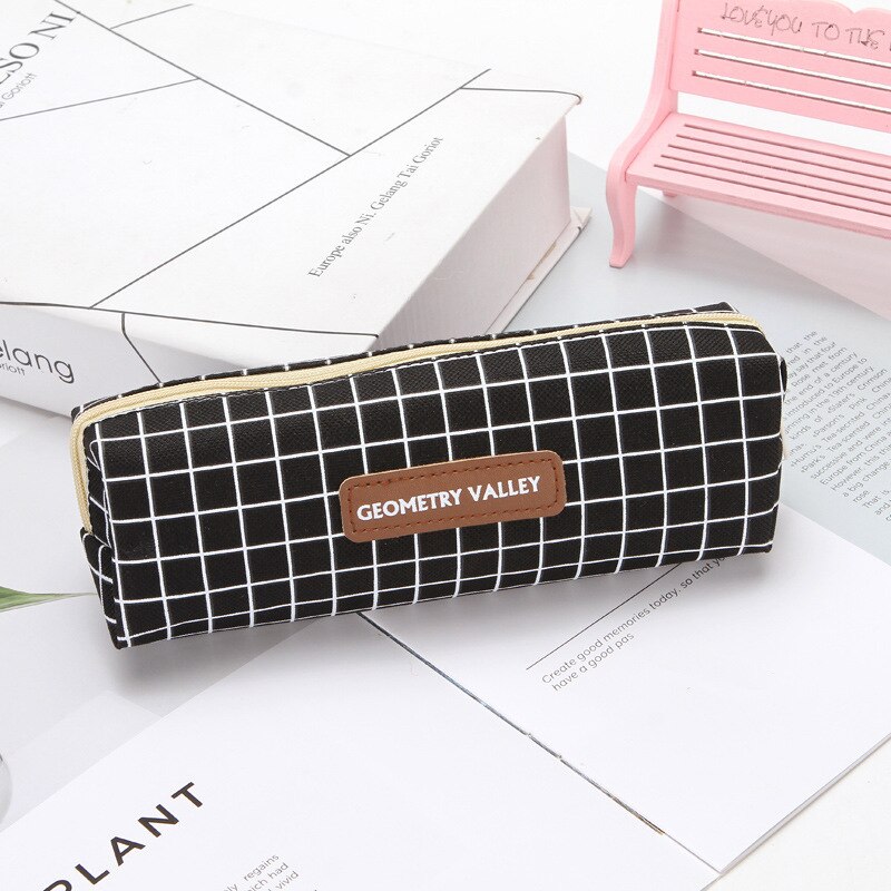 1pcs Canvas Geometric Pencil Case School Color Cute Kawaii Simple Striped Grid Solid Pencil Bag Pouch Students Office Supplies: 295