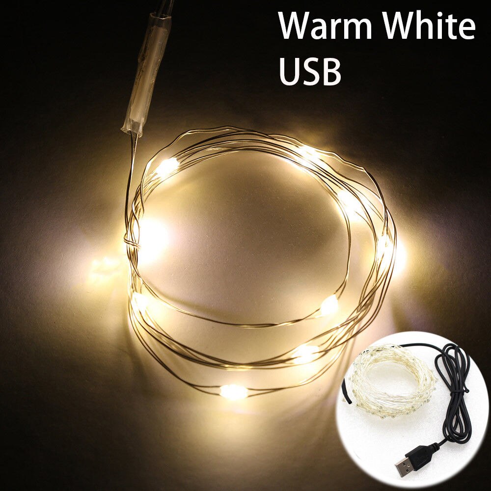 Guirlande lumineuse LED féerique en fil d'argent, 1M/5M/10M, pour noël, chambre à coucher, maison, mariage, nouvel an, décor, alimenté par USB: warm white / 5M 50LEDS