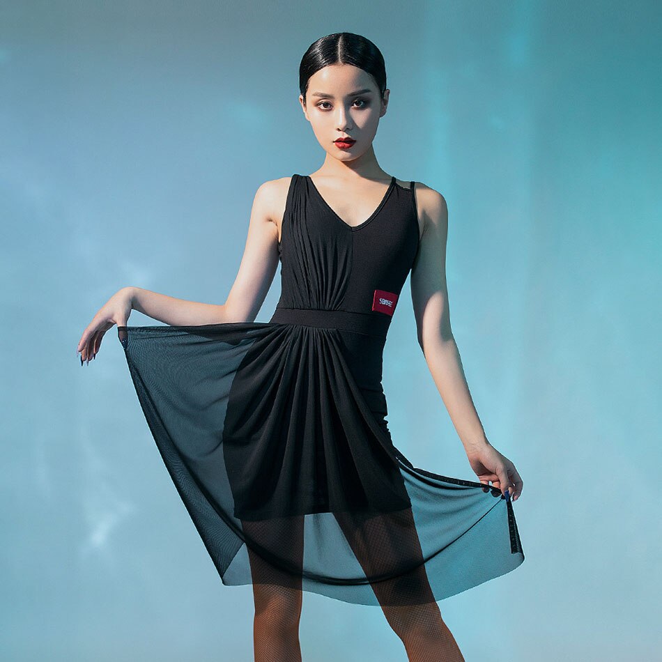 Latein tanzen Kleid Frauen V Nacken nackt zurück Latein tanzen Spitzen für Ballsaal Samba Tango chacha Tanzen Performamnce L9668: Schwarz / M