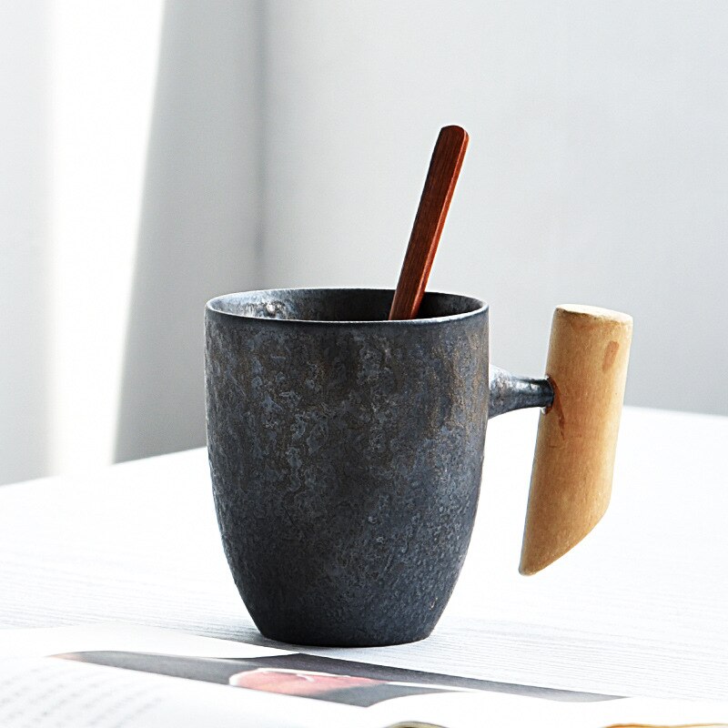 Japanischen stil Jahrgang Keramik Kaffee Becher Tee Tasse Becher Rost Glasur Büro Tee Milch Bahre Becher mit löffel Holz Griff wasser Tasse: Stil2 A