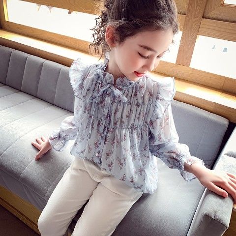 Chemisiers en coton à manches trompette pour filles, Long, évasé, en mousseline de soie, Style coréen, imprimé Floral, vêtements pour enfants, T69