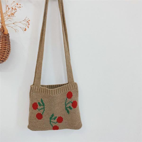 Leuke Cherry Kinderen Kleine Handtas Gebreide Wollen Baby Meisje Schoudertas Winter Vintage Jongen Kids Mini Portemonnee Messenger Bags: Khaki