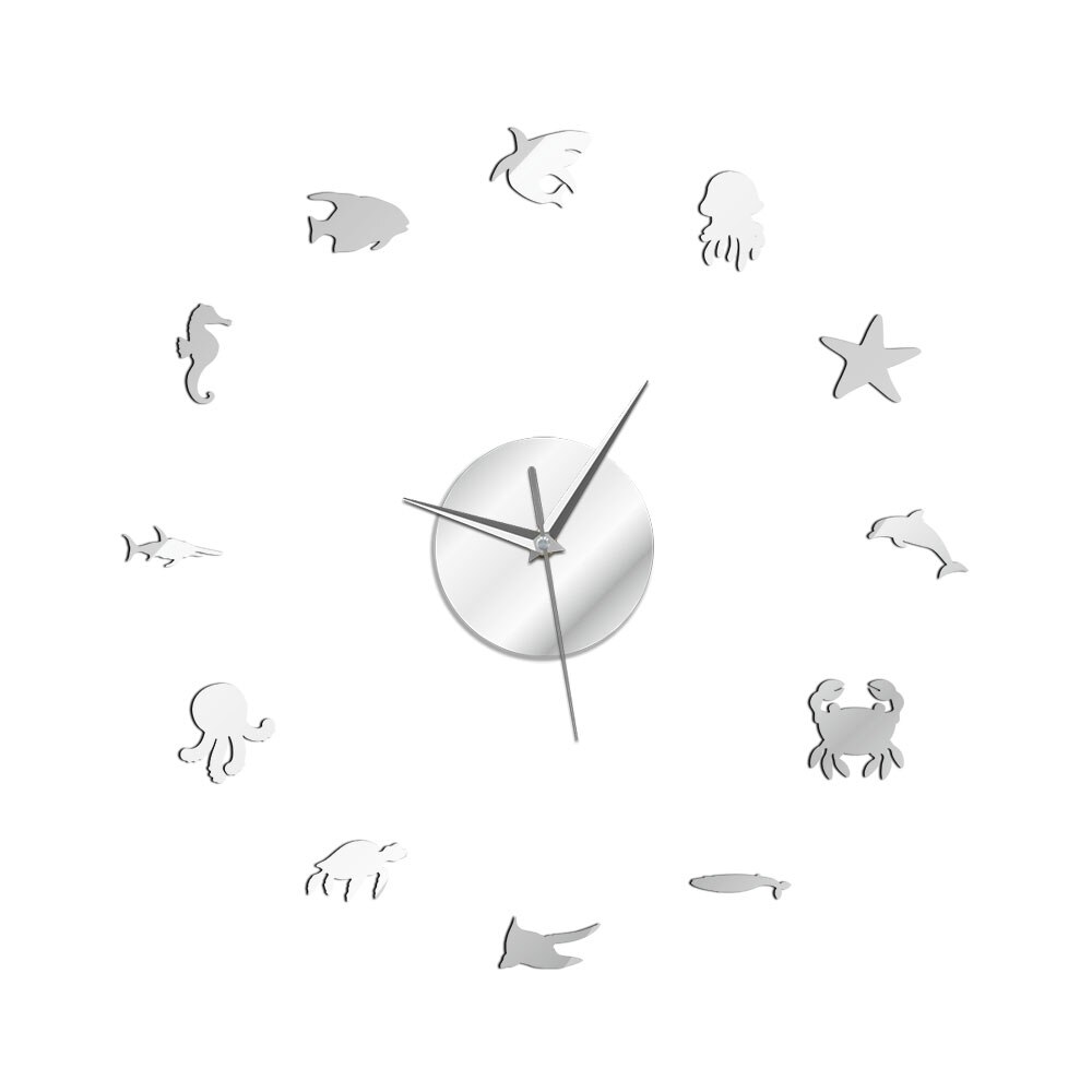 Reloj de pared de animales acuáticos para decoración de habitación de niños, pegatinas de espejo acrílico 3D DIY, mecanismo de cuarzo, vida marina, dormitorio
