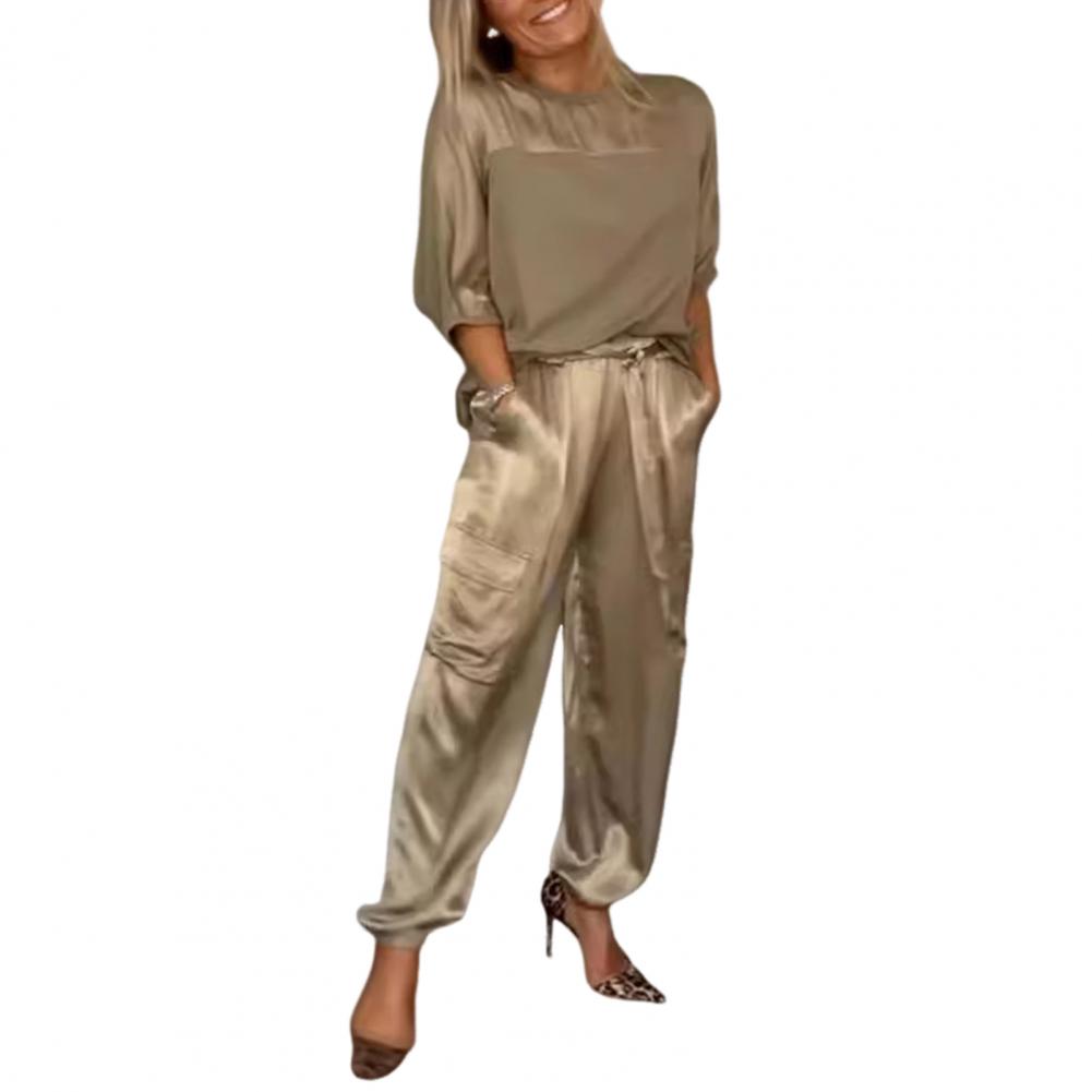 Women Two-piece Set Three-quarter Sleeve Suit Satin Women's Top Pants Set Lace-up Waist Women Casual Patchwork Suit