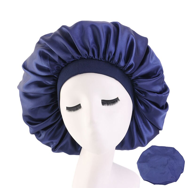 Satin hætte ensfarvet turban kemo hat kvinder bred elastik fast nattesøvn huer skullies kemo hue: Marine blå